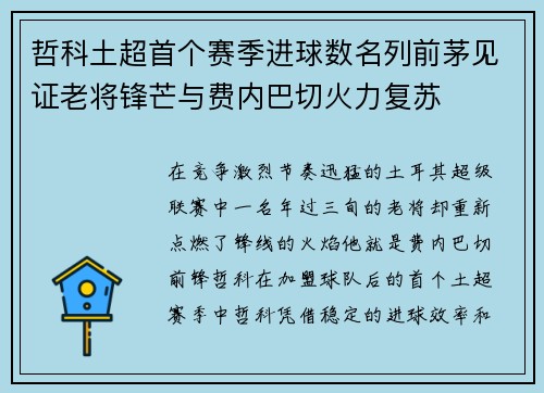 哲科土超首个赛季进球数名列前茅见证老将锋芒与费内巴切火力复苏